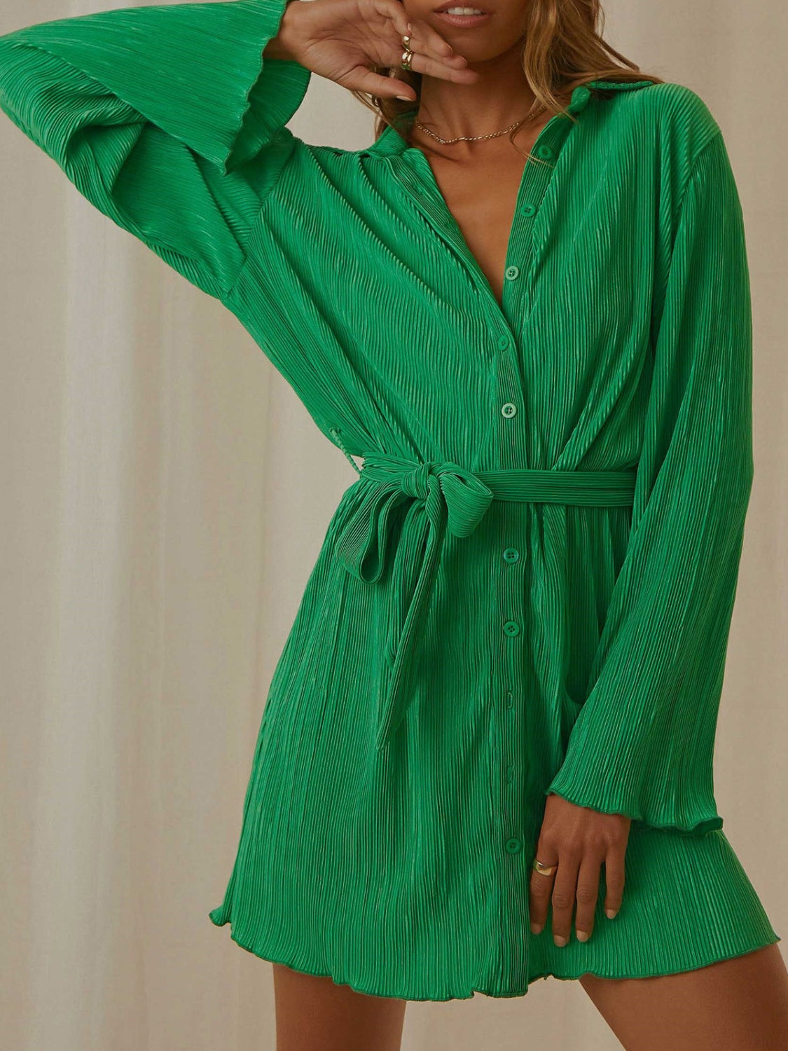 Tied Button Up Long Sleeve Dress - Classique Collection