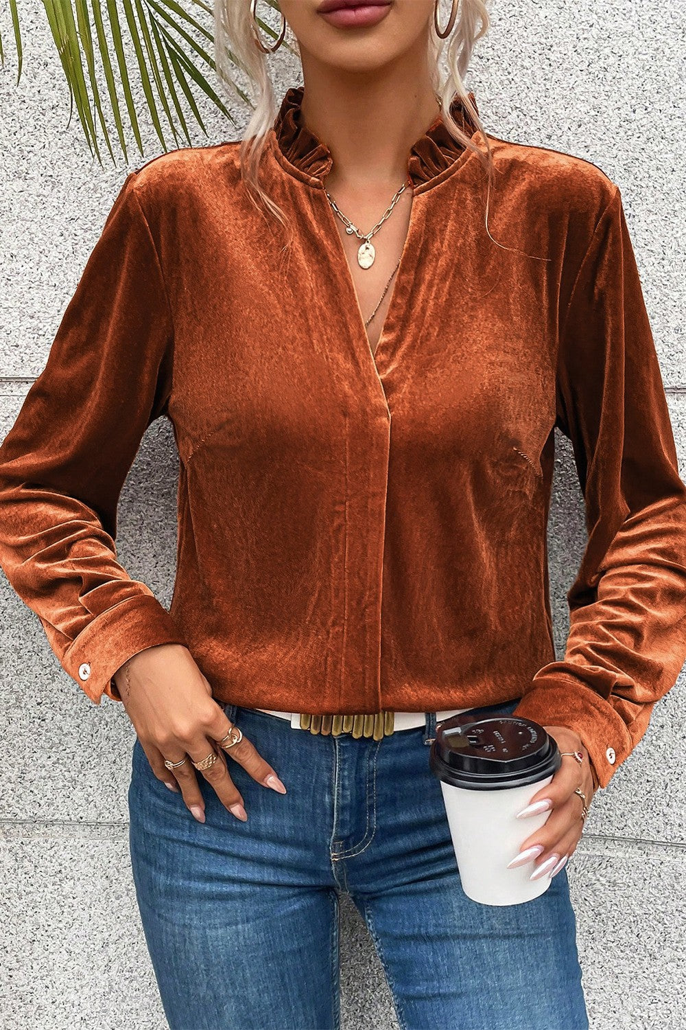 Notched Frill Detail Long Sleeve Blouse - Classique Collection