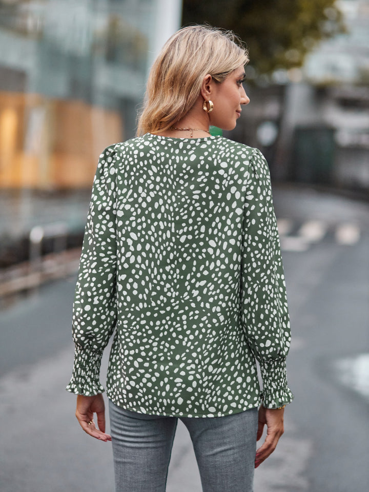 Printed V-Neck Lantern Sleeve Blouse - Classique Collection