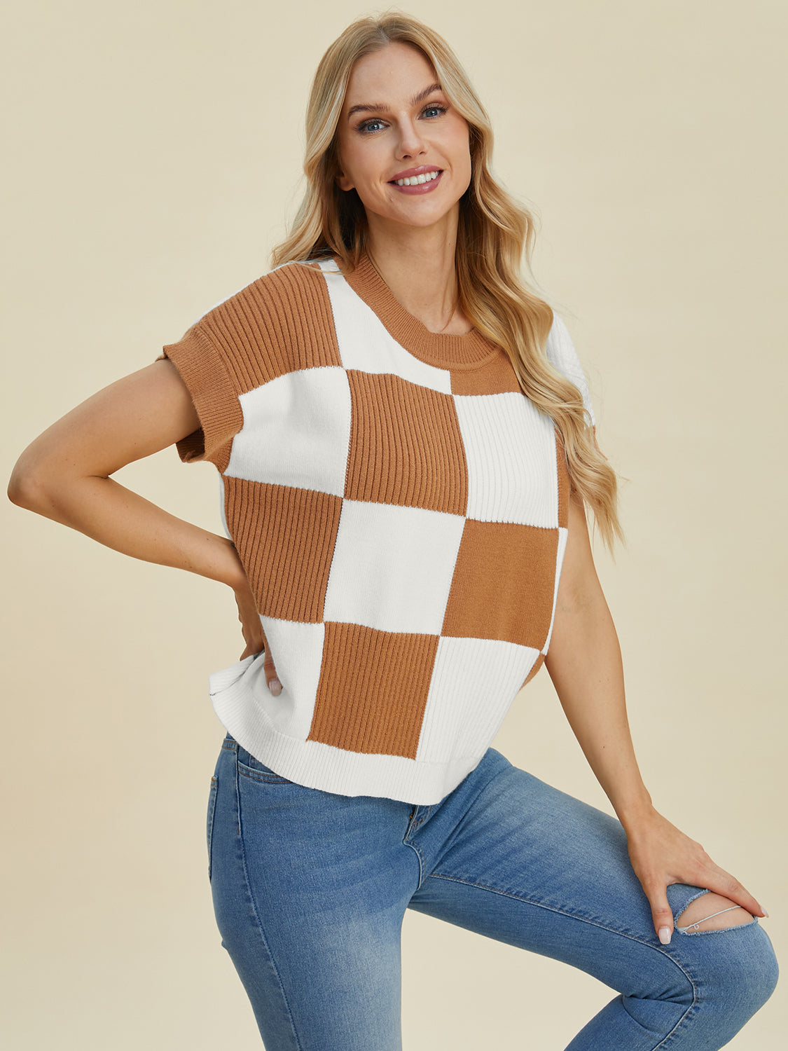 Double Take Full Size Checkered Round Neck Short Sleeve Sweater - ClassiQ