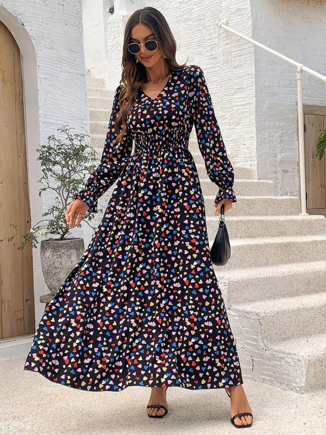 Smocked Printed V-Neck Flounce Sleeve Dress - Classique Collection