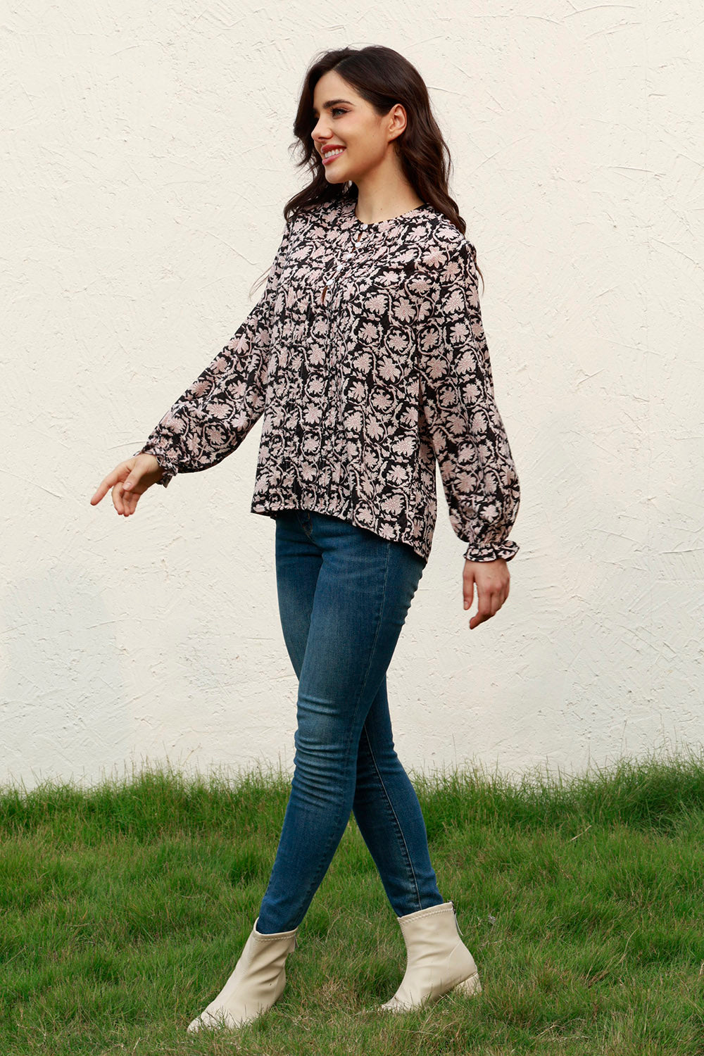 Floral Flounce Sleeve Round Neck Blouse - Classique Collection