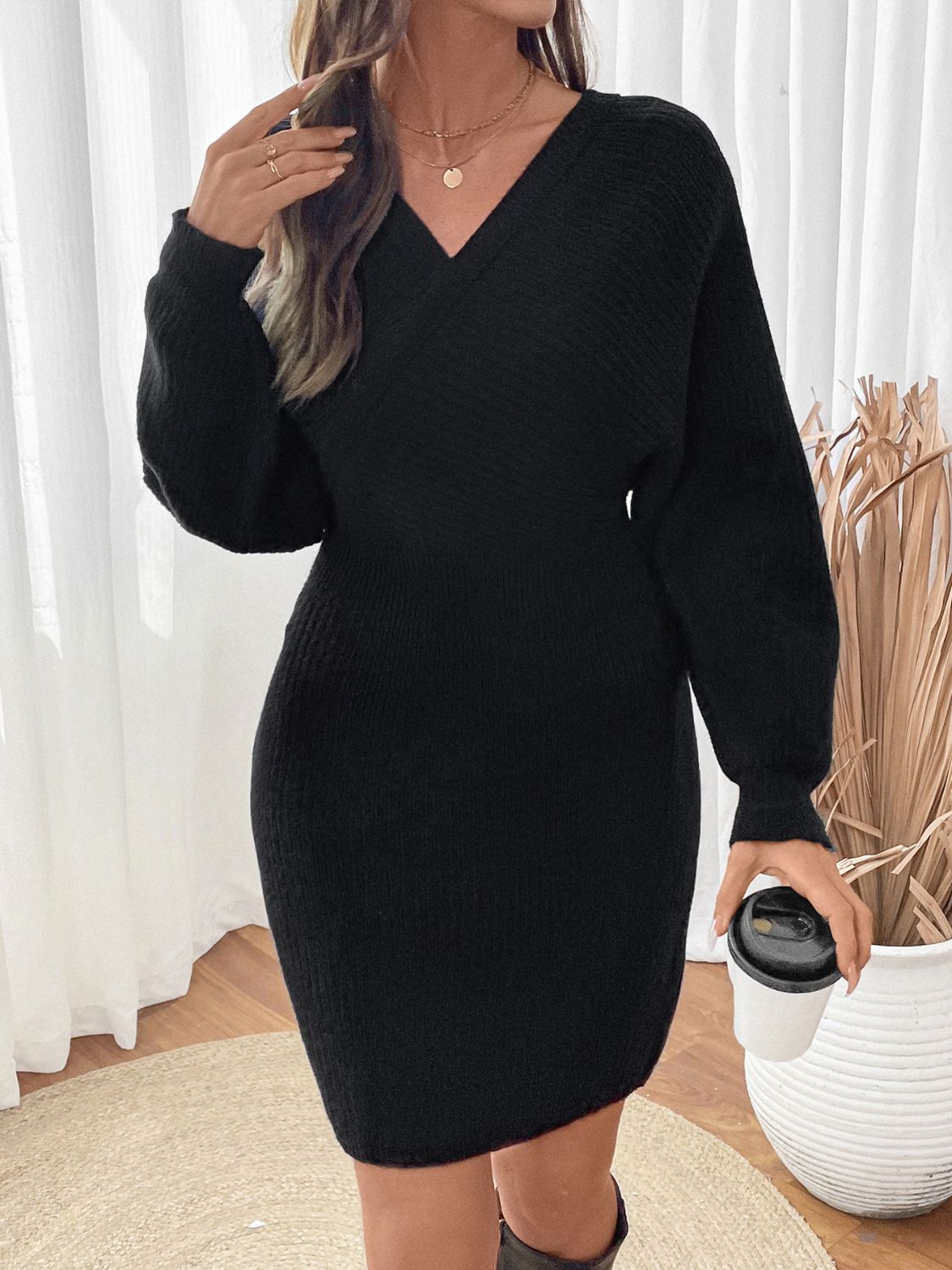 Perfee Surplice Long Sleeve Sweater Dress - Classique Collection