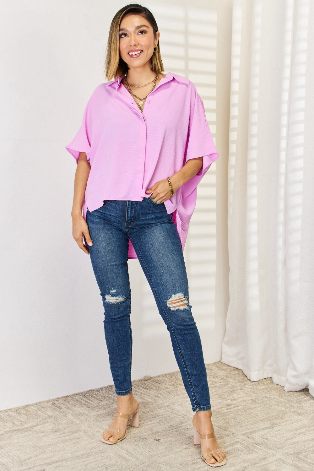 Zenana Texture Button Up Short Sleeve High-Low Shirt - Classique Collection