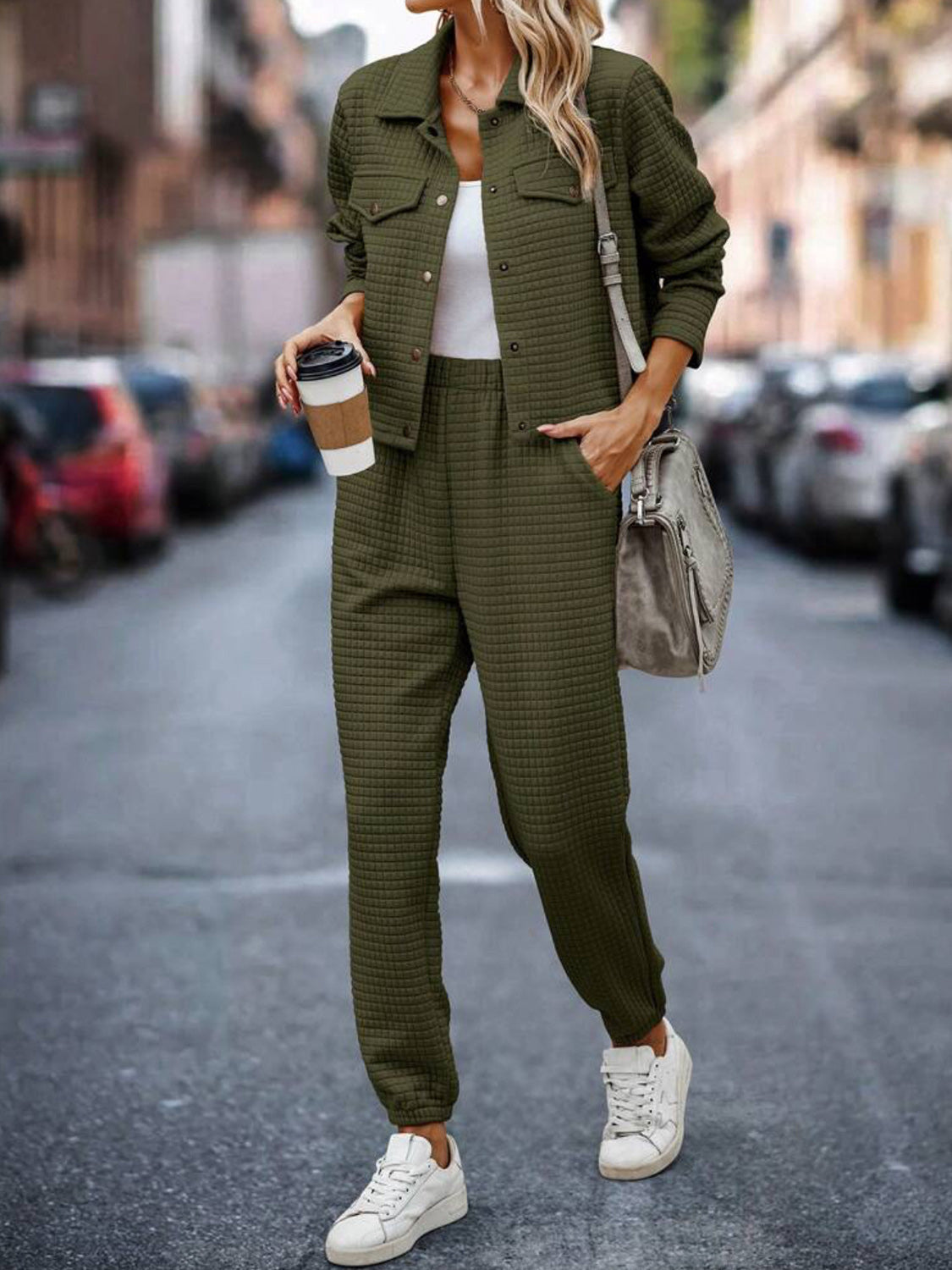 Plaid Texture Snap Down Top and Pants Set - ClassiQ