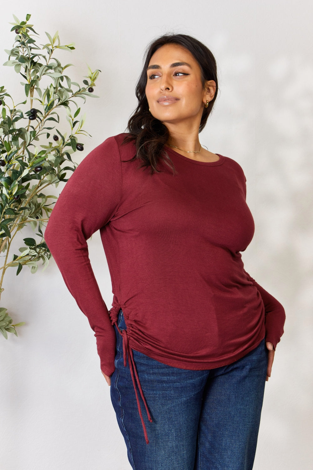 Culture Code Full Size Drawstring Round Neck Long Sleeve Top - Classique Collection