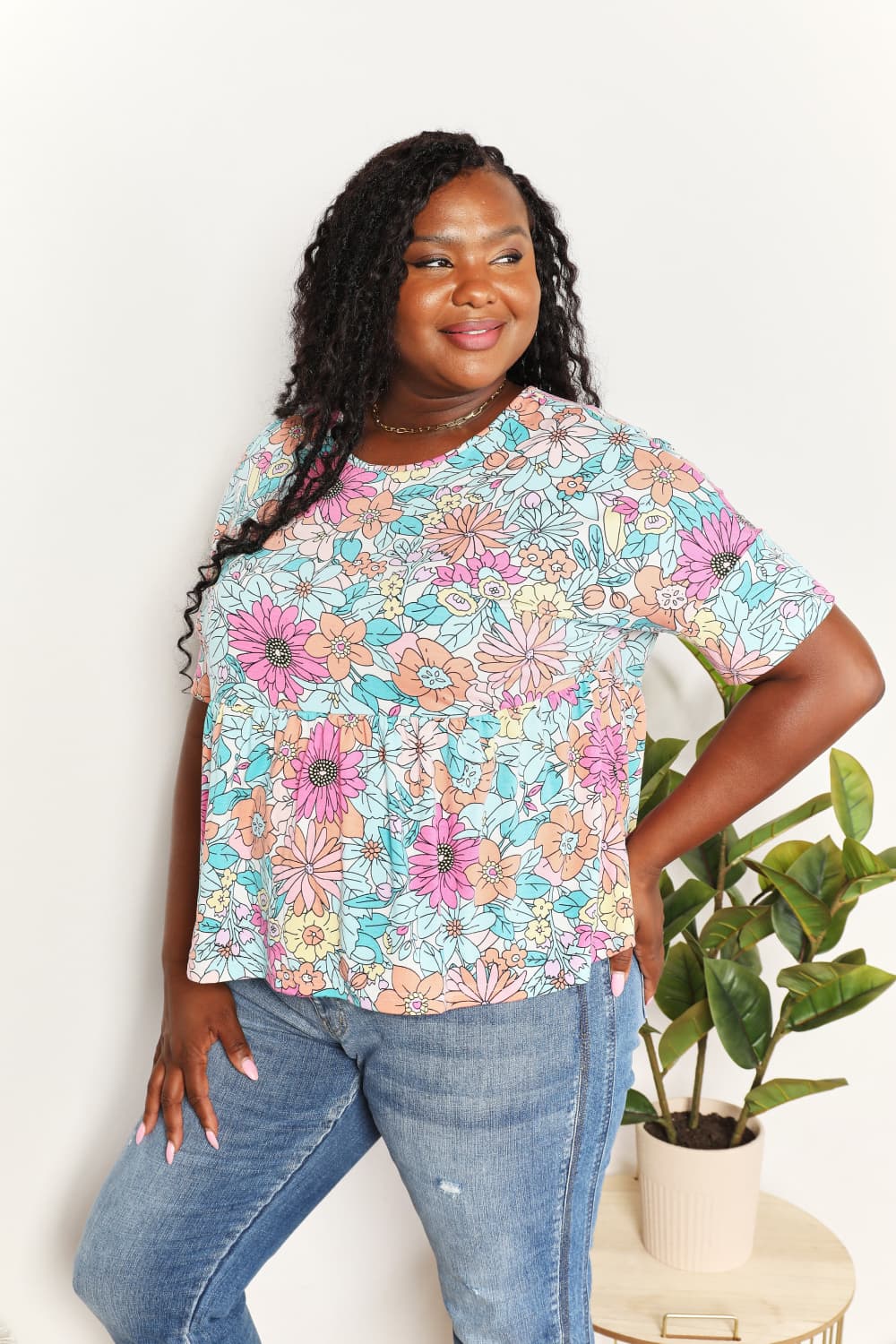 Double Take Floral Round Neck Babydoll Top - Classique Collection