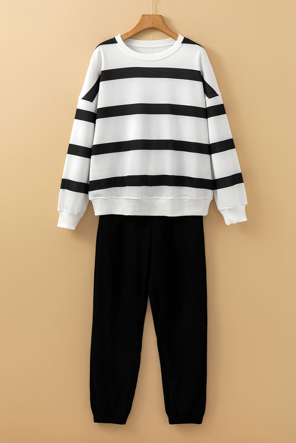 Black Striped Drop Shoulder Pullover and Joggers Set - ClassiQ