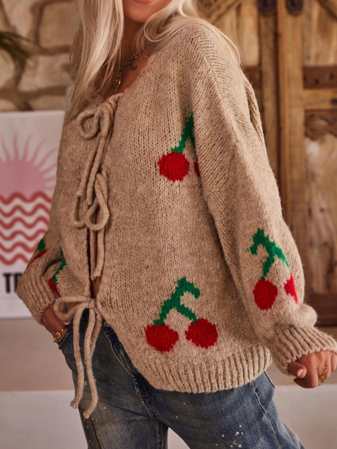 Tied Cherry Round Neck Long Sleeve Cardigan - Classique Collection