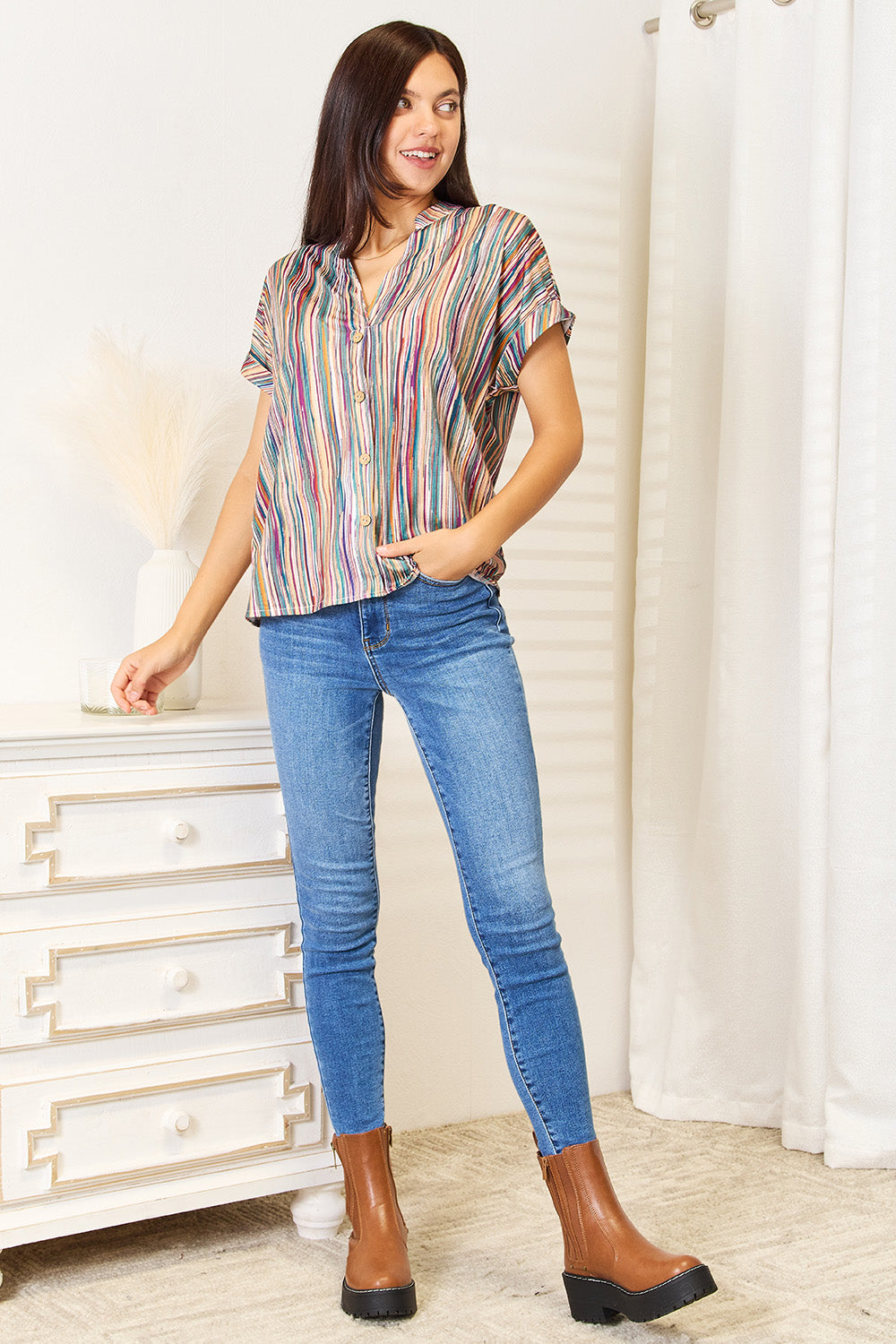 Shiny Multicolored Stripe Notched Neck Top - ClassiQ