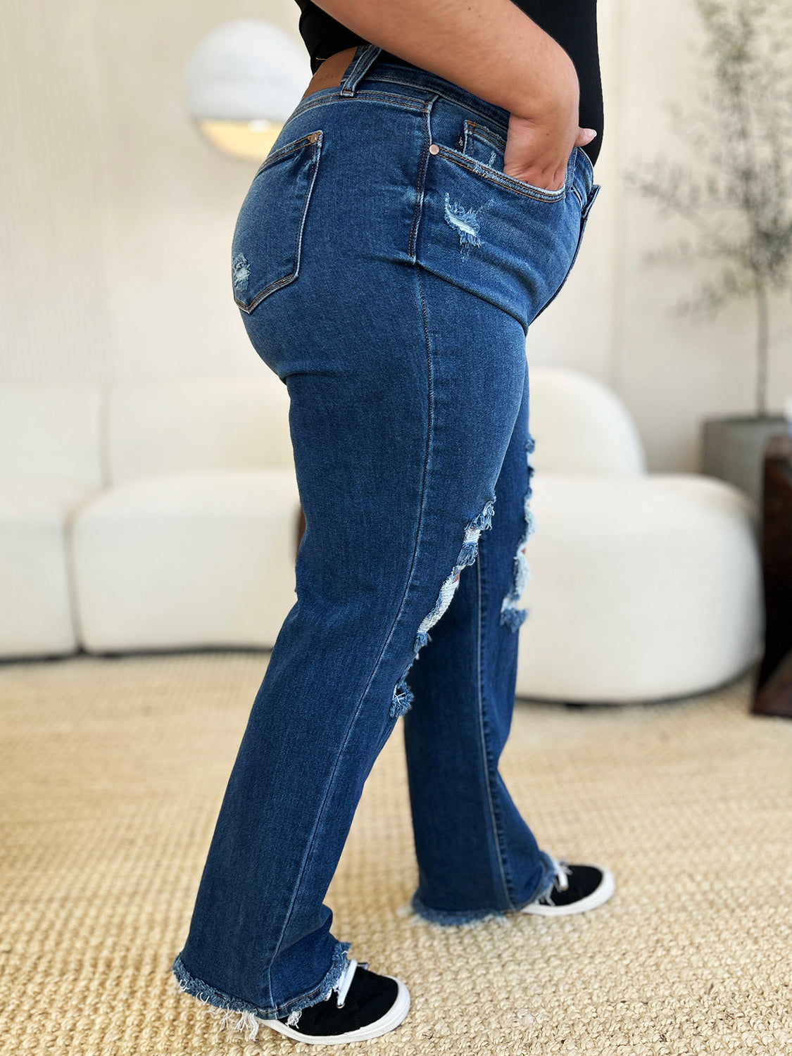 Judy Blue Full Size Mid Rise Distressed Raw Hem Jeans - Classique Collection