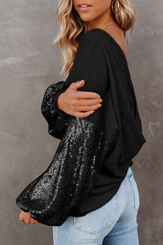 Sequin Waffle-Knit Blouse - ClassiQ