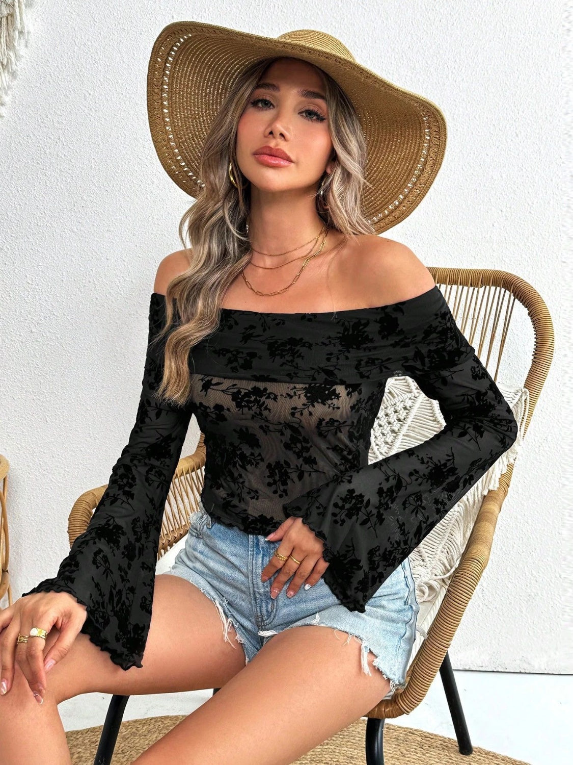 Off-Shoulder Flare Sleeve Lace Top - Classique Collection