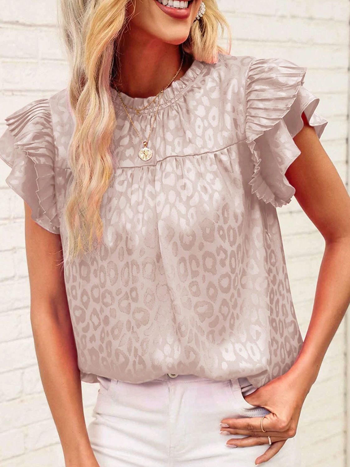 Leopard Frill Mock Neck Ruffled Cap Sleeve Top - Classique Collection