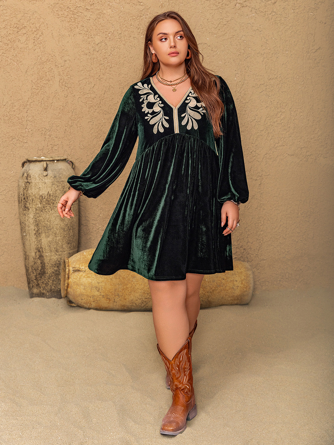 Plus Size Embroidered V-Neck Long Sleeve Dress - Classique Collection