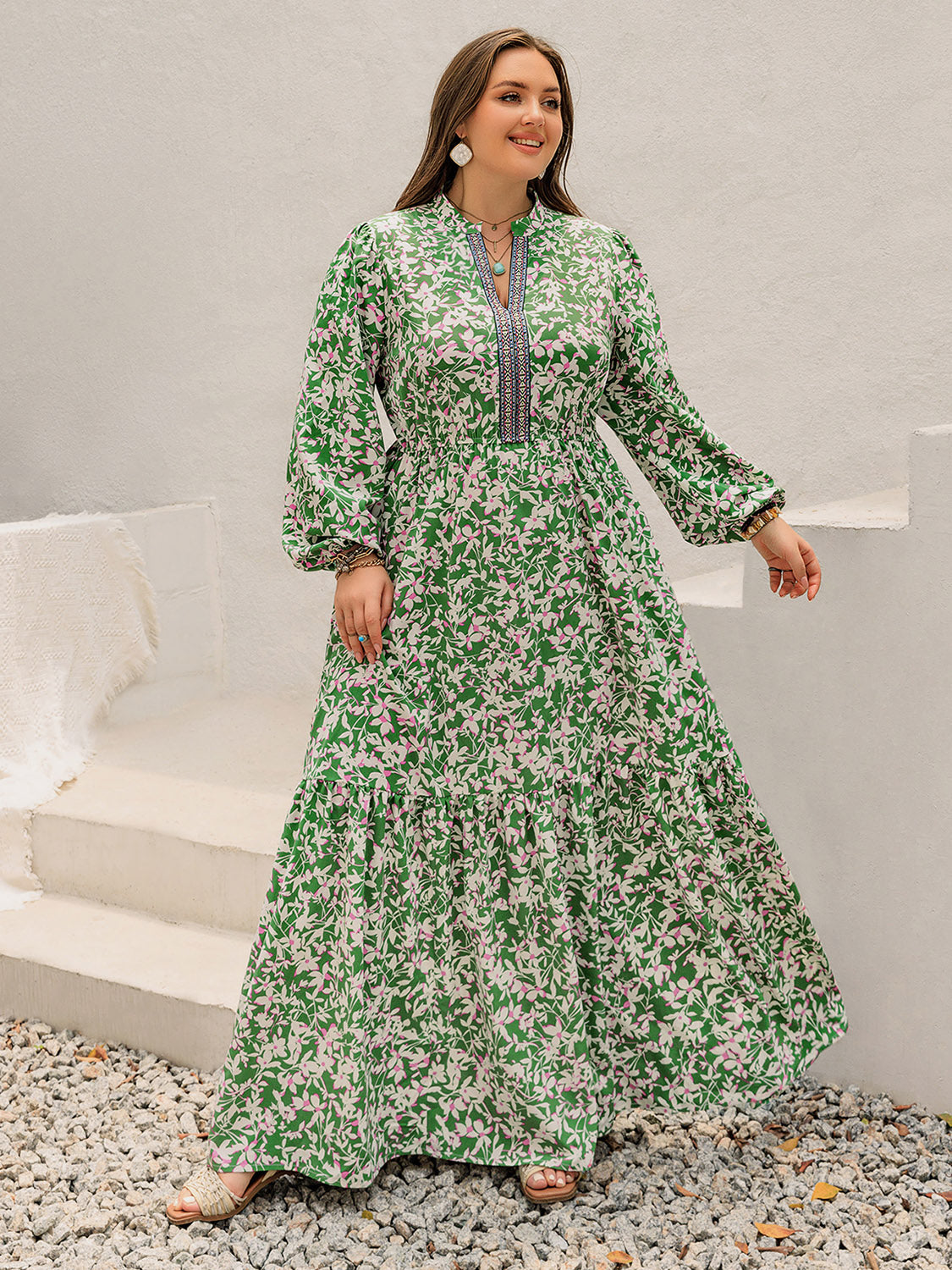 Plus Size Printed Notched Long Sleeve Maxi Dress - Classique Collection
