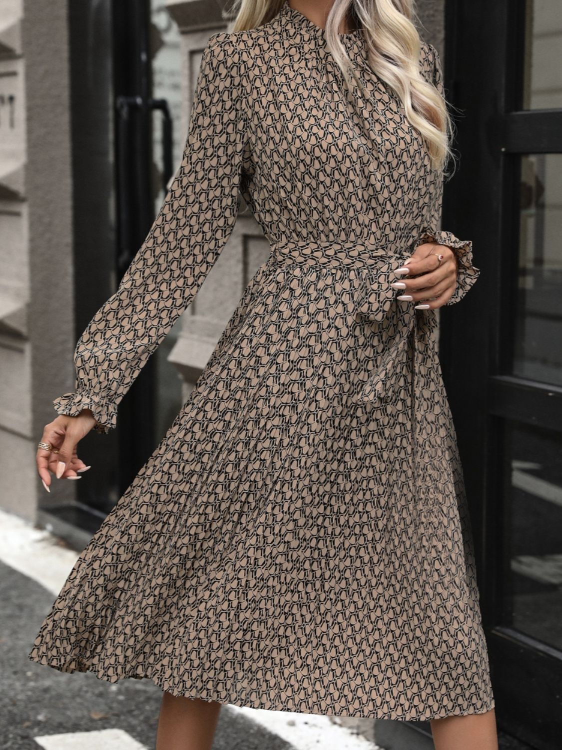 Perfee Printed Mock Neck Flounce Sleeve Dress - Classique Collection