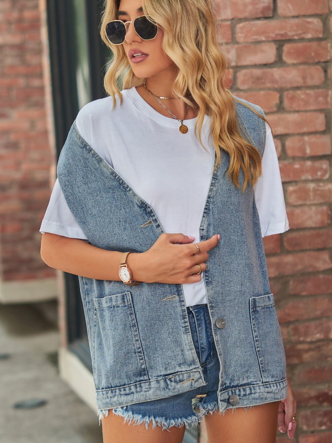 Full Size V-Neck Button Up Denim Vest - Classique Collection