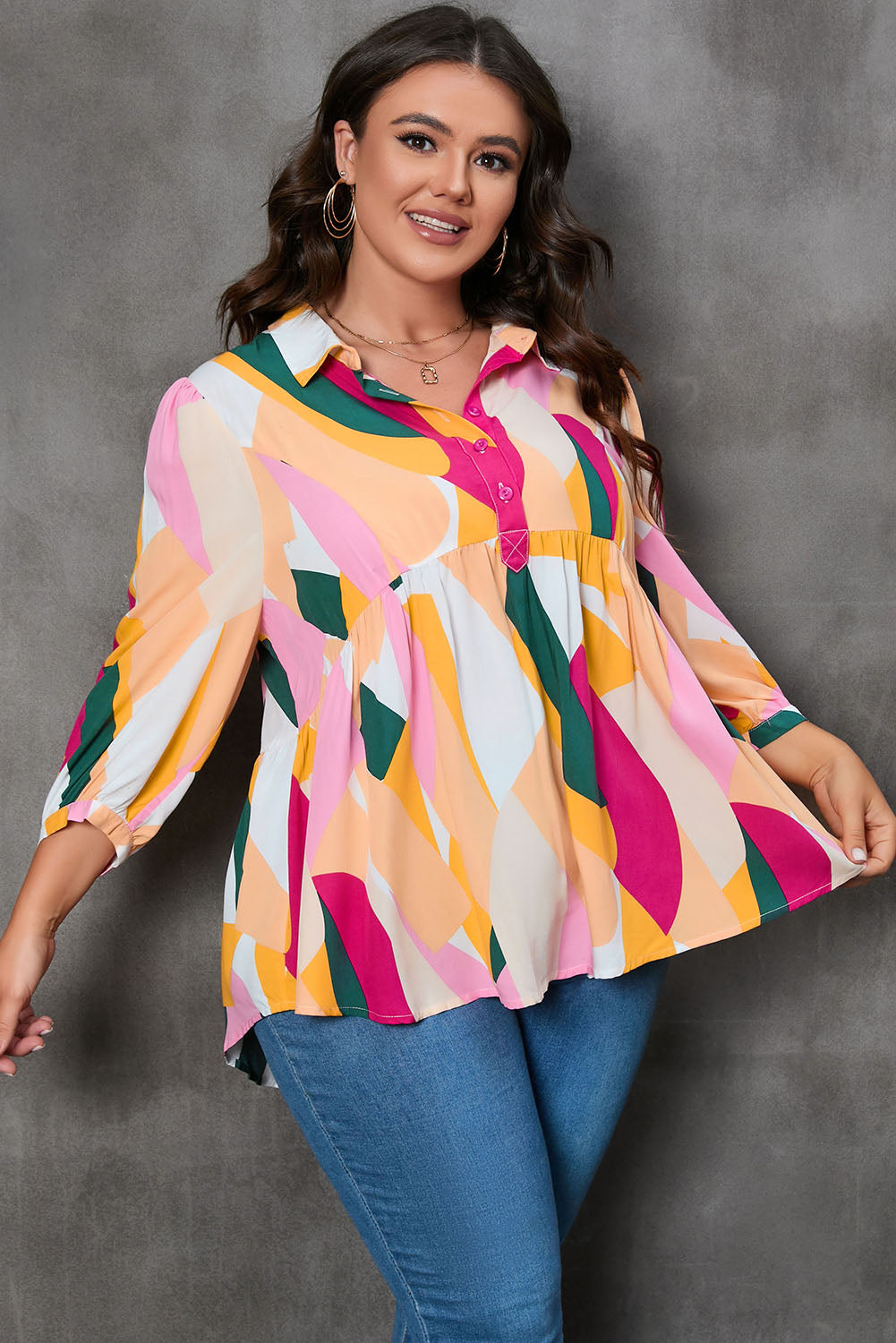 Plus Size Printed Collared Neck Half Button Top - Classique Collection