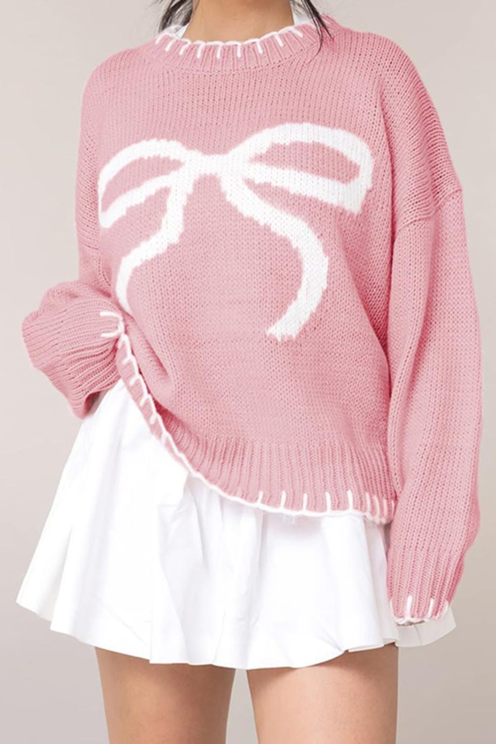 Bow Graphic Round Neck Long Sleeve Sweater - ClassiQ