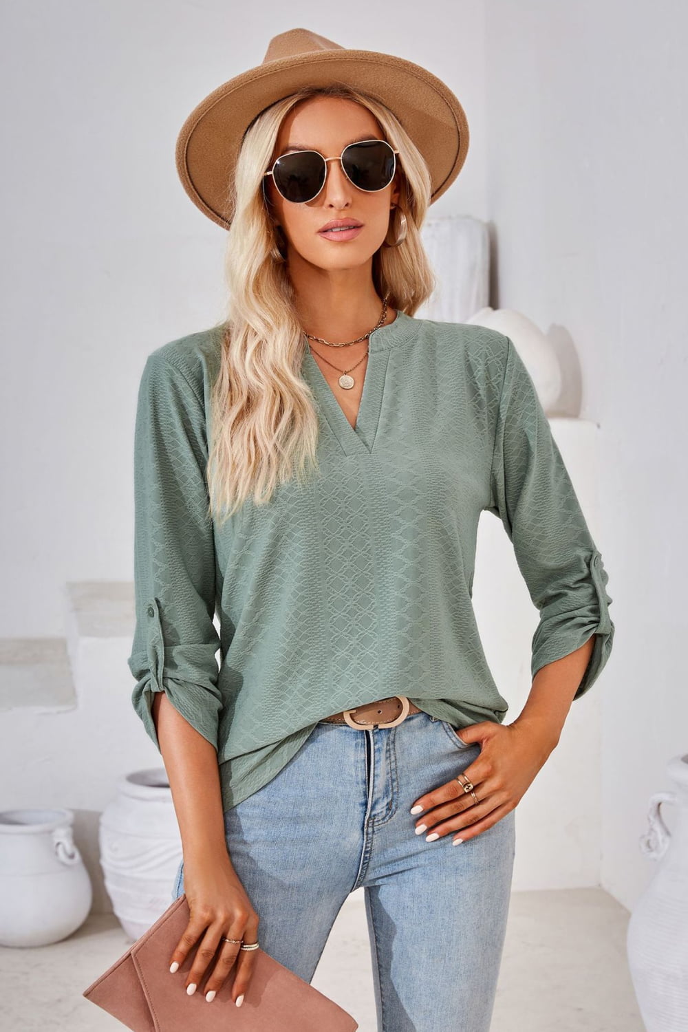 V-Neck Roll-Tap Sleeve Blouse - Classique Collection