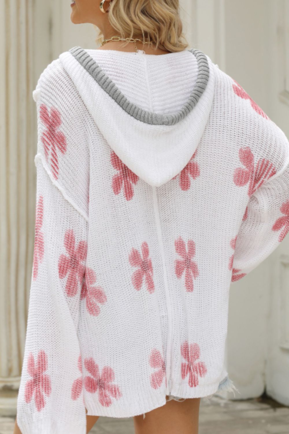 Drawstring Flower Hooded Knit Top - ClassiQ