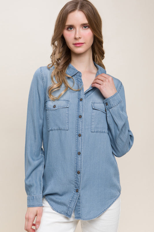 Love Tree Scooped Hem Button Up Denim Shirt - Classique Collection