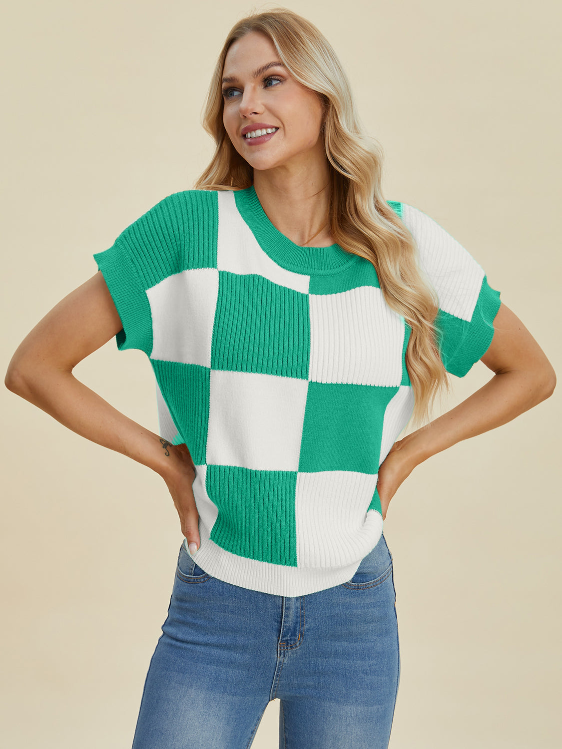 Double Take Full Size Checkered Round Neck Short Sleeve Sweater - ClassiQ