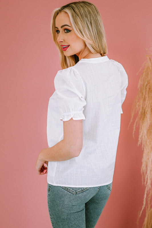 Embroidered Notched Neck Flounce Sleeve Top - Classique Collection