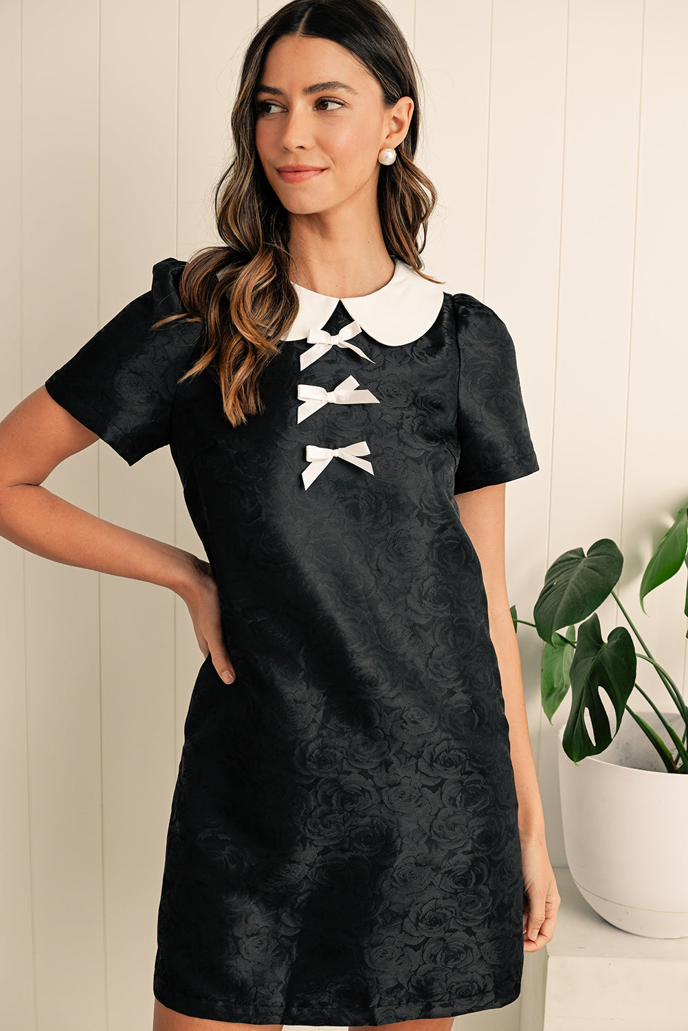 Black Elegant Floral Bow Detail Puff Sleeve Mini Dress - ClassiQ