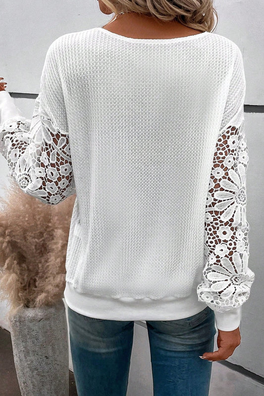 Plus Size Waffle-Knit Crochet V-Neck Blouse - Classique Collection