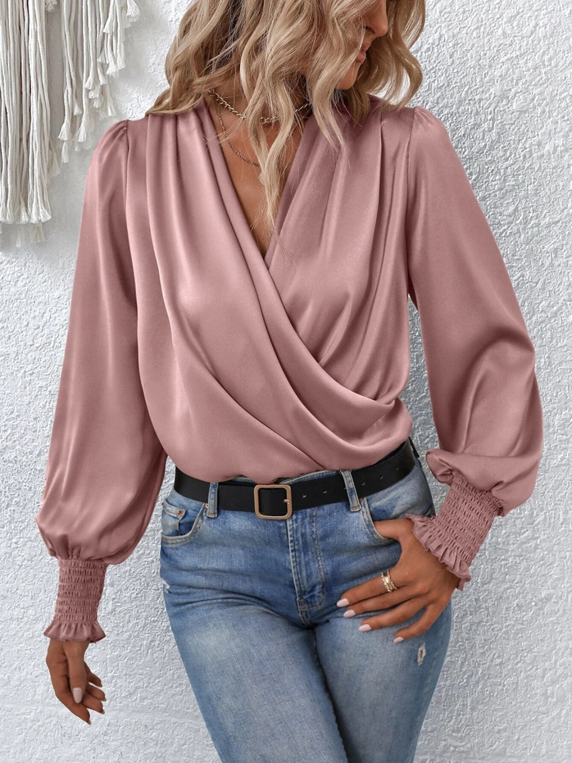Surplice Smocked Lantern Sleeve Blouse - Classique Collection