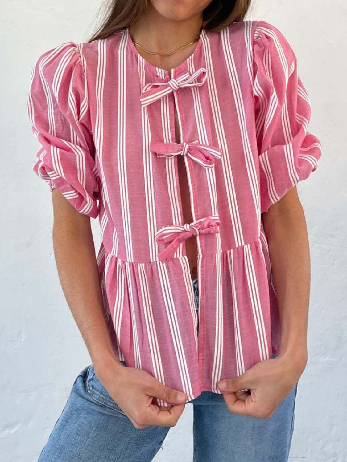 Tied Round Neck Balloon Sleeve Shirt - Classique Collection