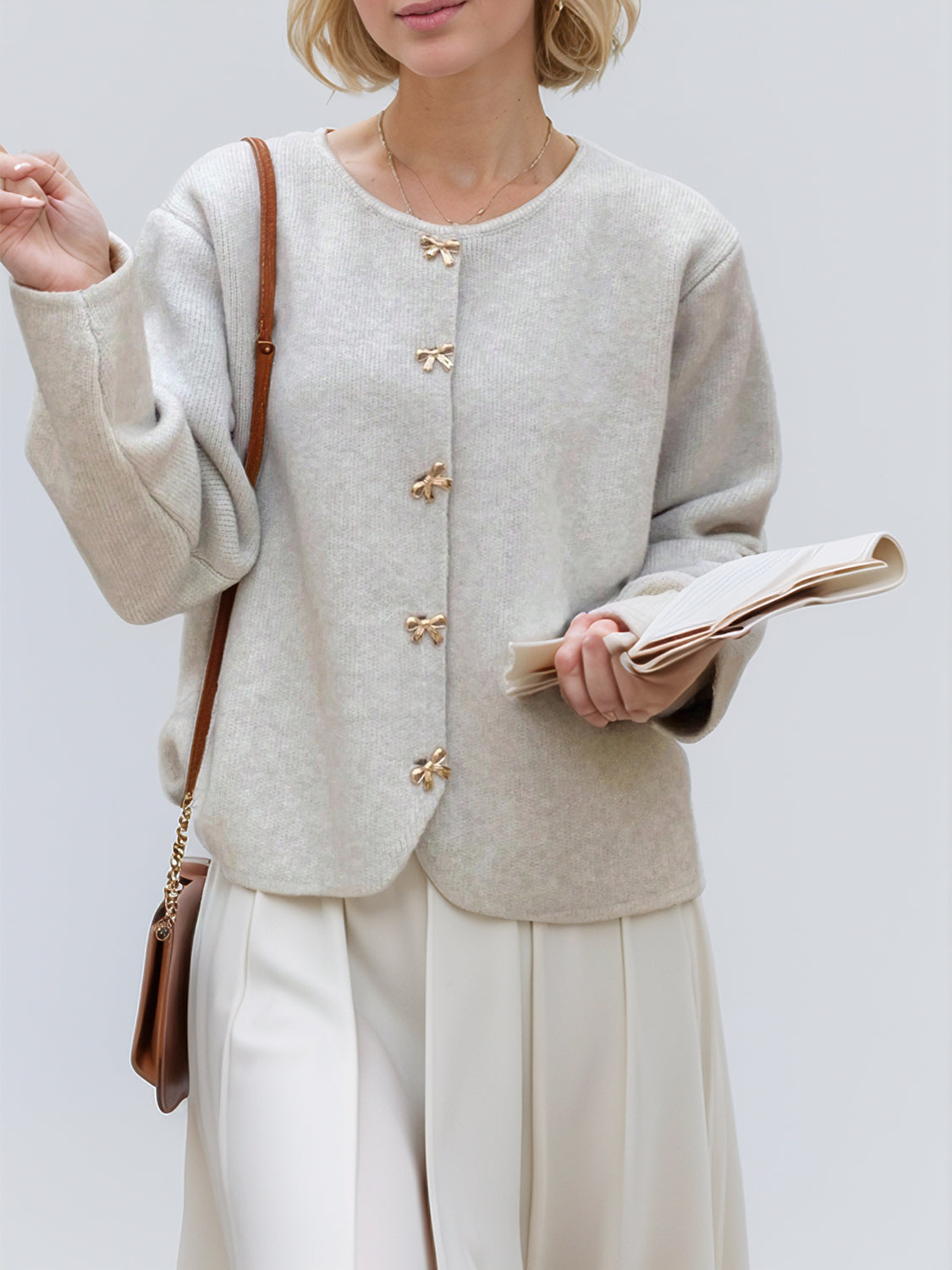 Bow Button Down Round Neck Long Sleeve Cardigan - Classique Collection