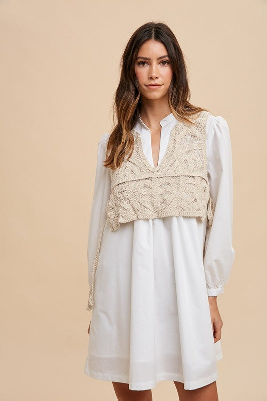 Annie Wear Crochet Vest Notched Long Sleeve Shirt Dress - ClassiQ
