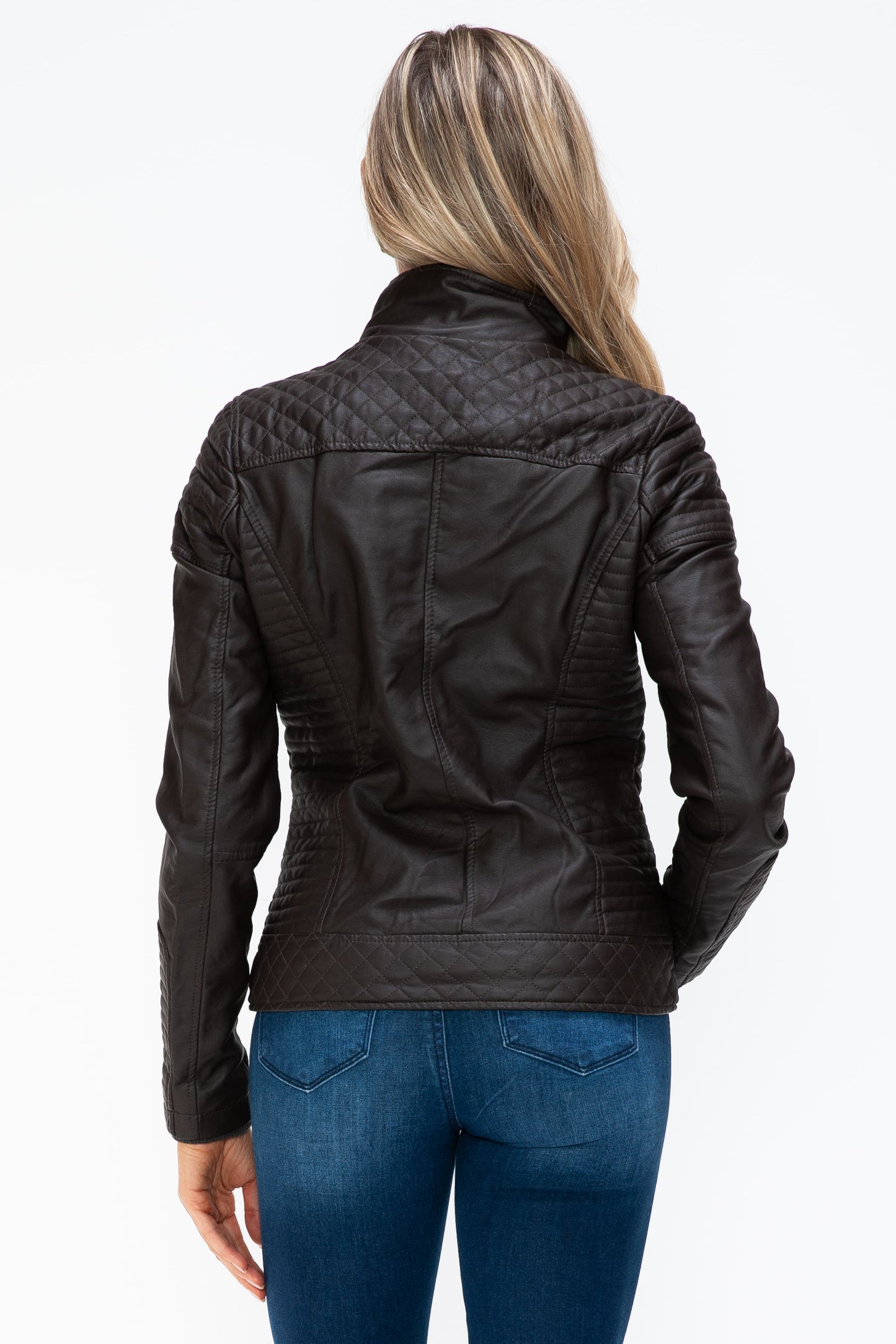 YMI Faux Layered Double-Zipper Jacket with Fuzzy Hood - ClassiQ