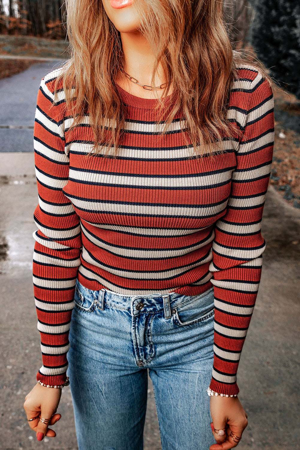 Striped Round Neck Long Sleeve Top - Classique Collection
