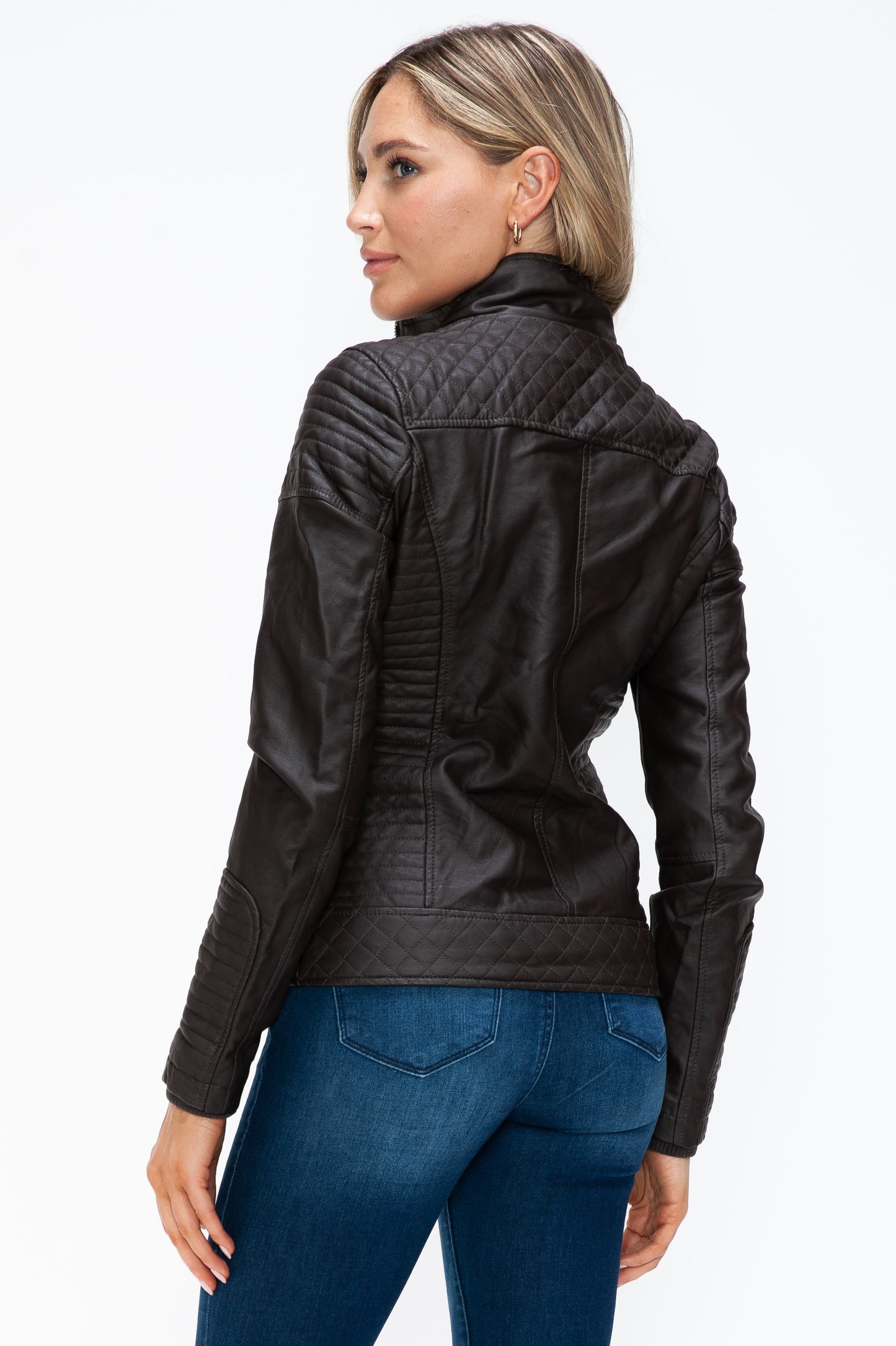 YMI Faux Layered Double-Zipper Jacket with Fuzzy Hood - ClassiQ