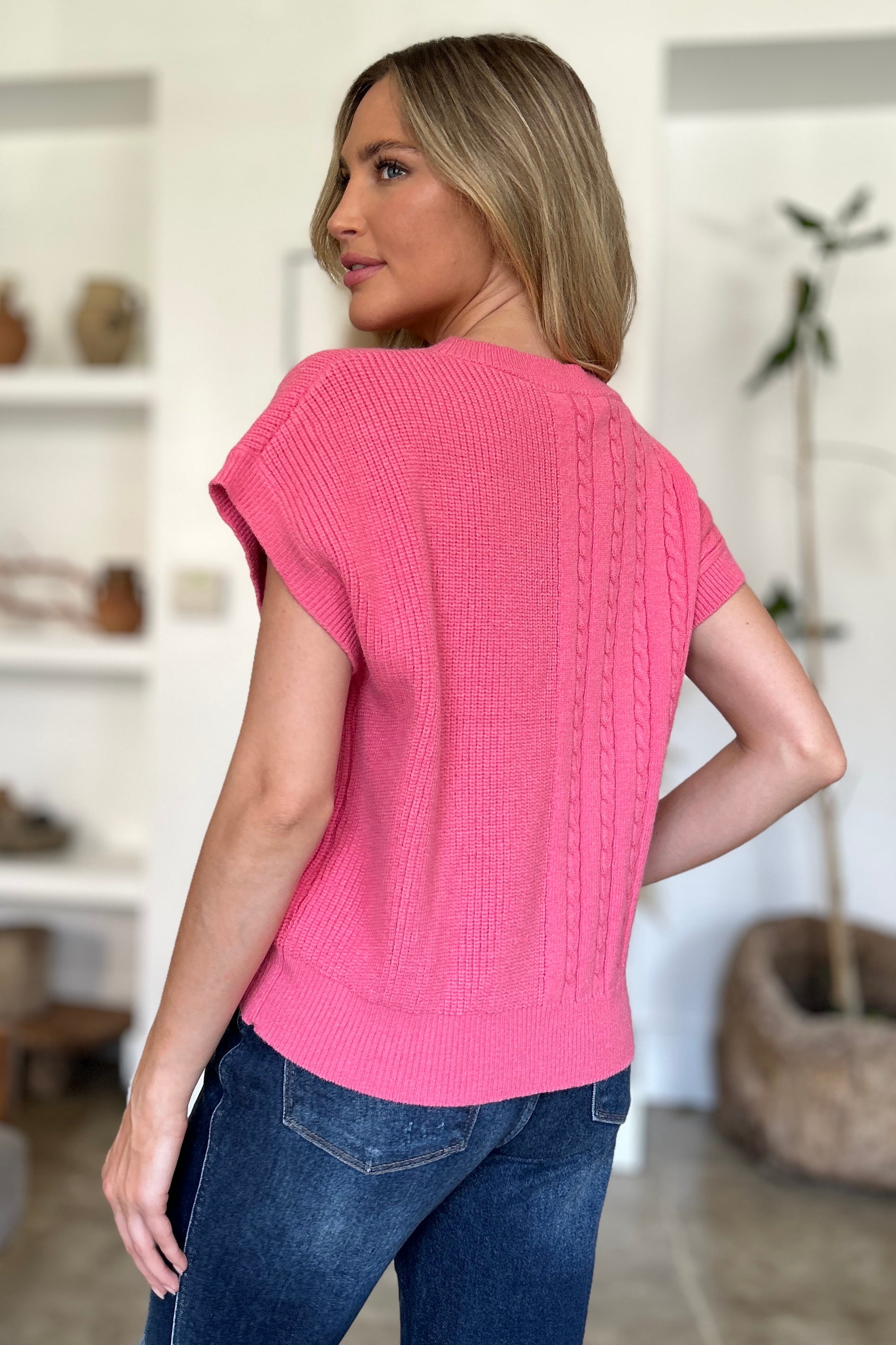Double Take Full Size Cable-Knit Round Neck Short Sleeve Sweater - ClassiQ