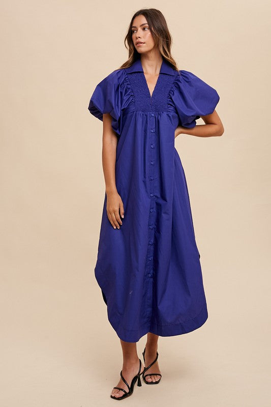 Annie Wear Smocked Puff Sleeve Midi Dress - ClassiQ