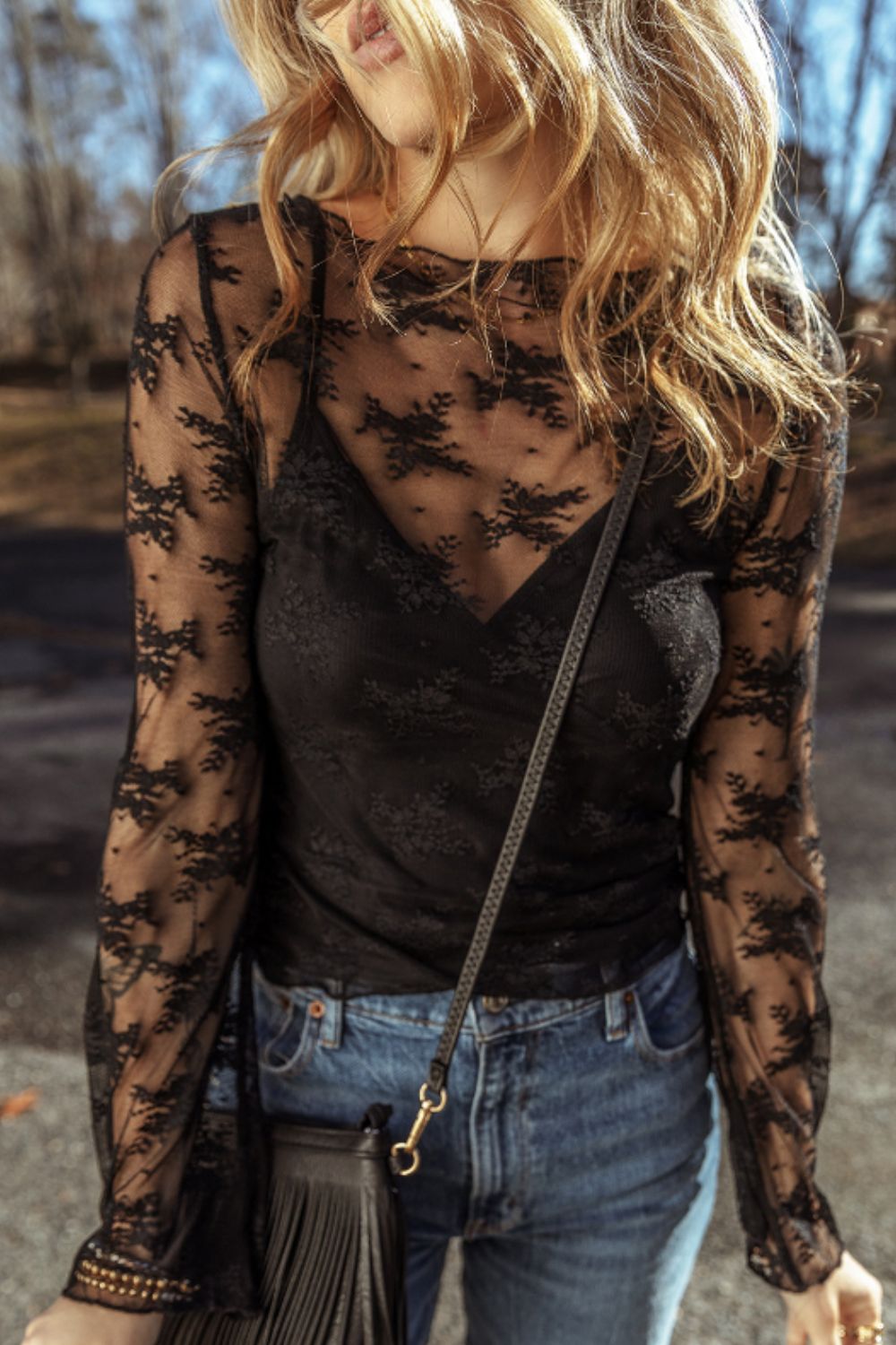 Surplice Cami and Lace Long Sleeve Cover Up Set - ClassiQ