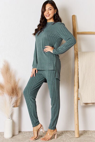 Basic Bae Full Size Ribbed Round Neck High - Low Slit Top and Pants Set