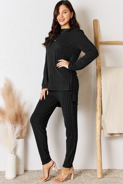 Basic Bae Full Size Ribbed Round Neck High - Low Slit Top and Pants Set