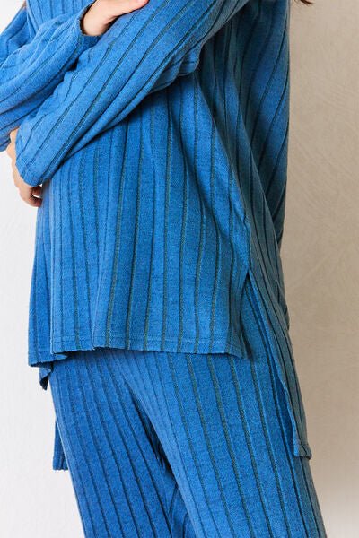 Basic Bae Full Size Ribbed Round Neck High - Low Slit Top and Pants Set