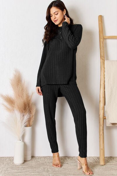 Basic Bae Full Size Ribbed Round Neck High - Low Slit Top and Pants Set