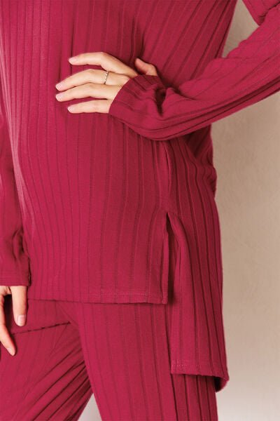 Basic Bae Full Size Ribbed Round Neck High - Low Slit Top and Pants Set