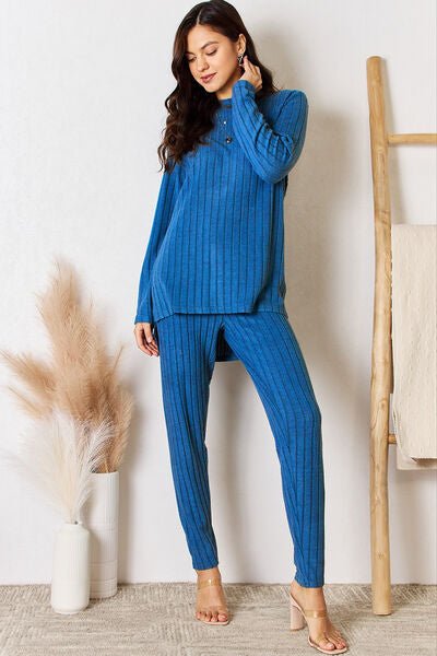 Basic Bae Full Size Ribbed Round Neck High - Low Slit Top and Pants Set