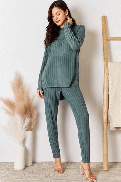 Basic Bae Full Size Ribbed Round Neck High - Low Slit Top and Pants Set