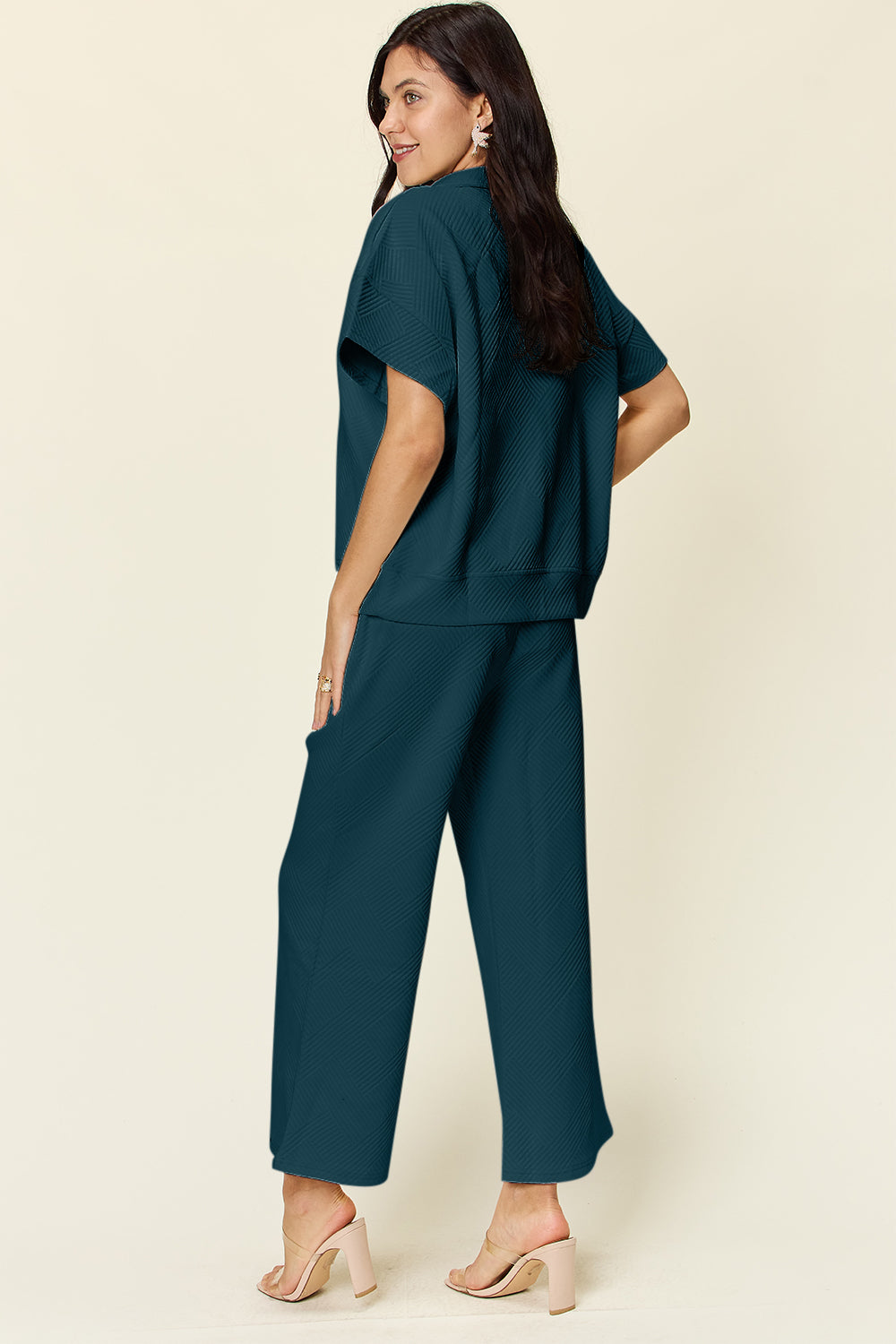 Double Take Full Size Texture Half Zip Short Sleeve Top and Pants Set - ClassiQ
