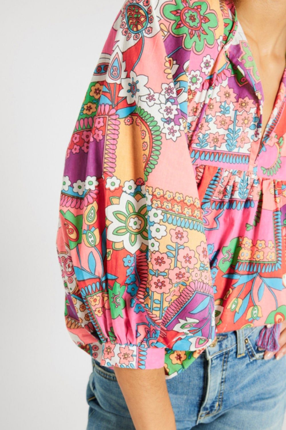 Printed Tie Neck Three-Quarter Sleeve Blouse - Classique Collection